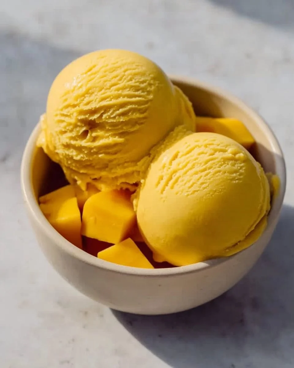 Bowl of easy mango ice cream topped with fresh mango slices