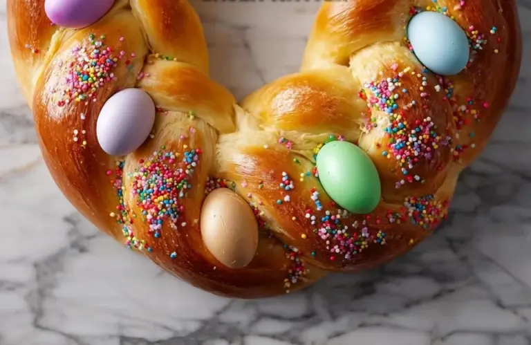Delicious Easy Sweet Italian Easter Bread decorated for Easter celebration