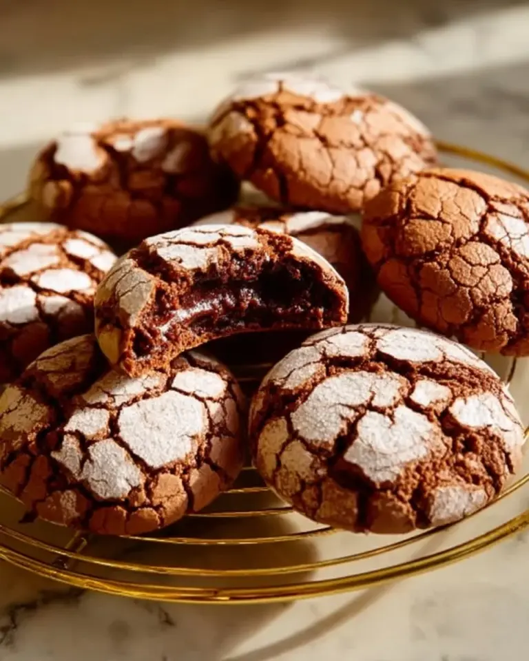 Plate of freshly baked Espresso Crinkle Cookies dusted with powdered sugar