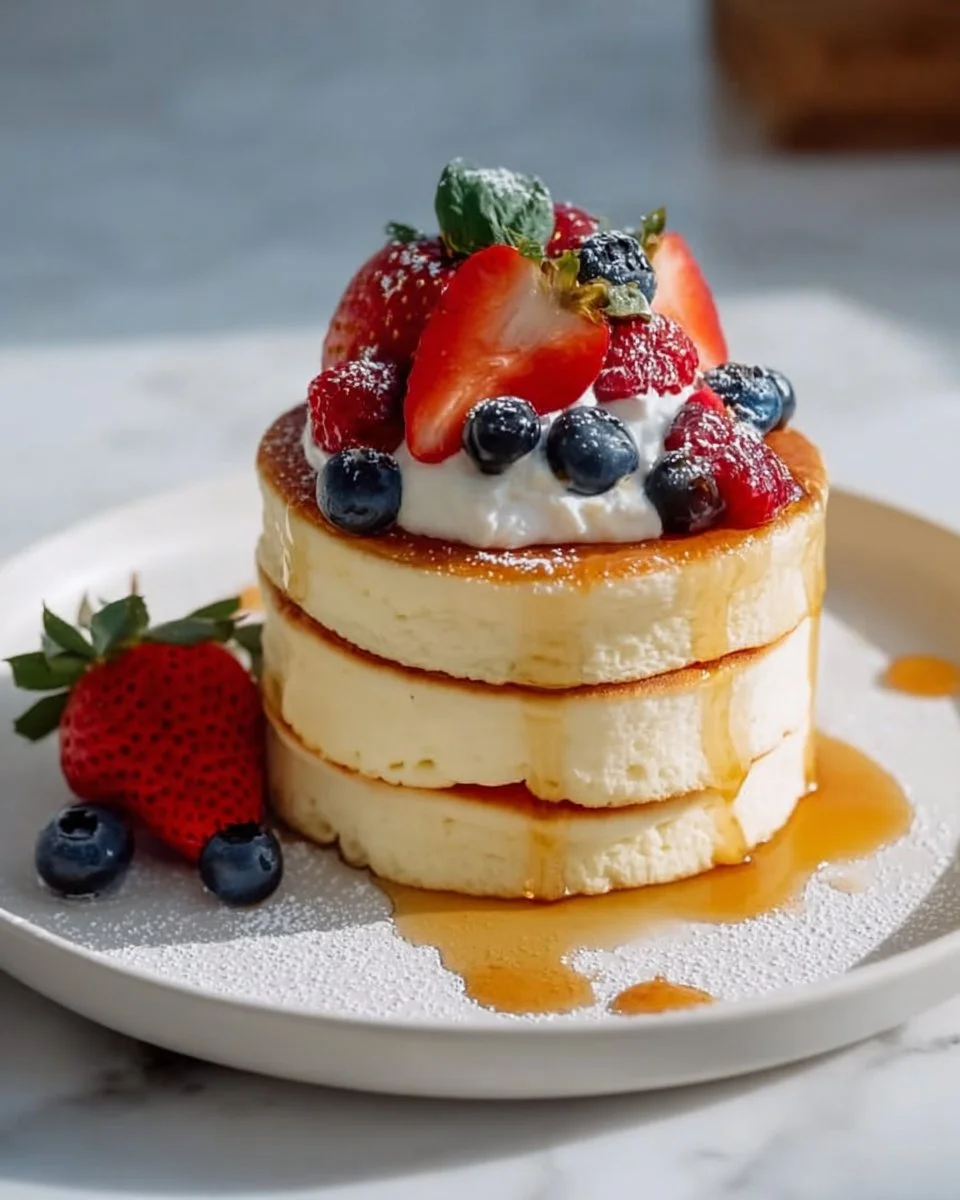 Fluffy Asian pancakes stacked with syrup and fruits