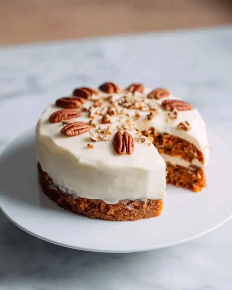 Sliced gluten free carrot cake topped with cream cheese frosting