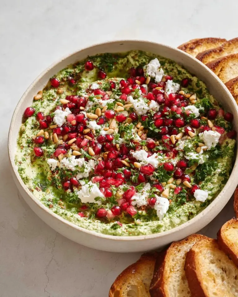 Delicious homemade green pea dip served in a bowl with fresh herbs.