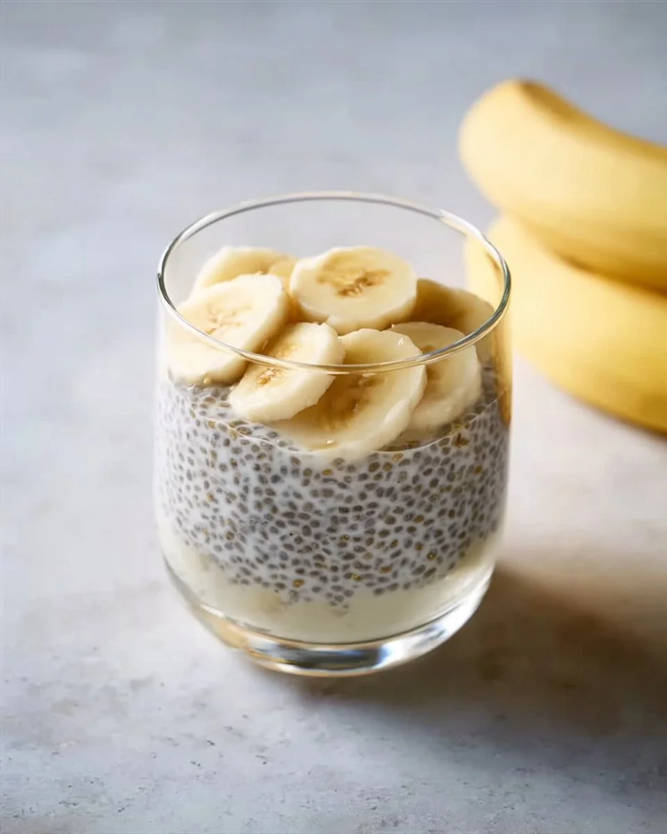 Healthy banana chia pudding topped with fresh banana slices and chia seeds