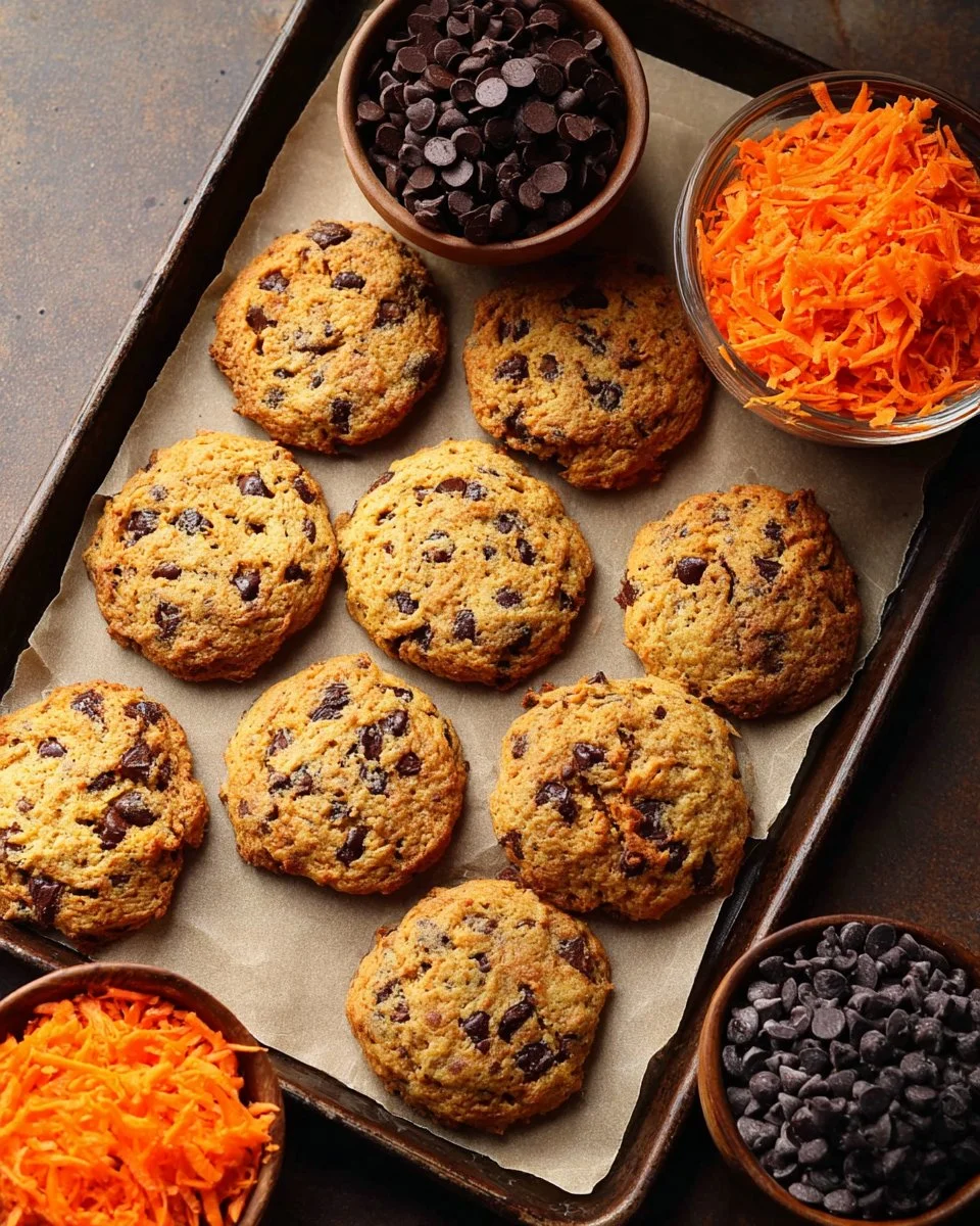 Healthy carrot chocolate chip cookies on a plate, topped with chocolate chunks.