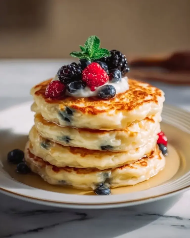 Healthy cottage cheese pancakes stacked with syrup and berries on a plate