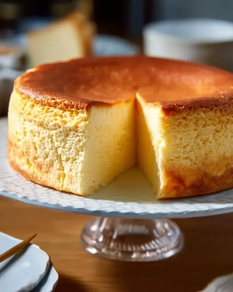 Deliciously fluffy Japanese Cheesecake served on a white plate with fresh berries