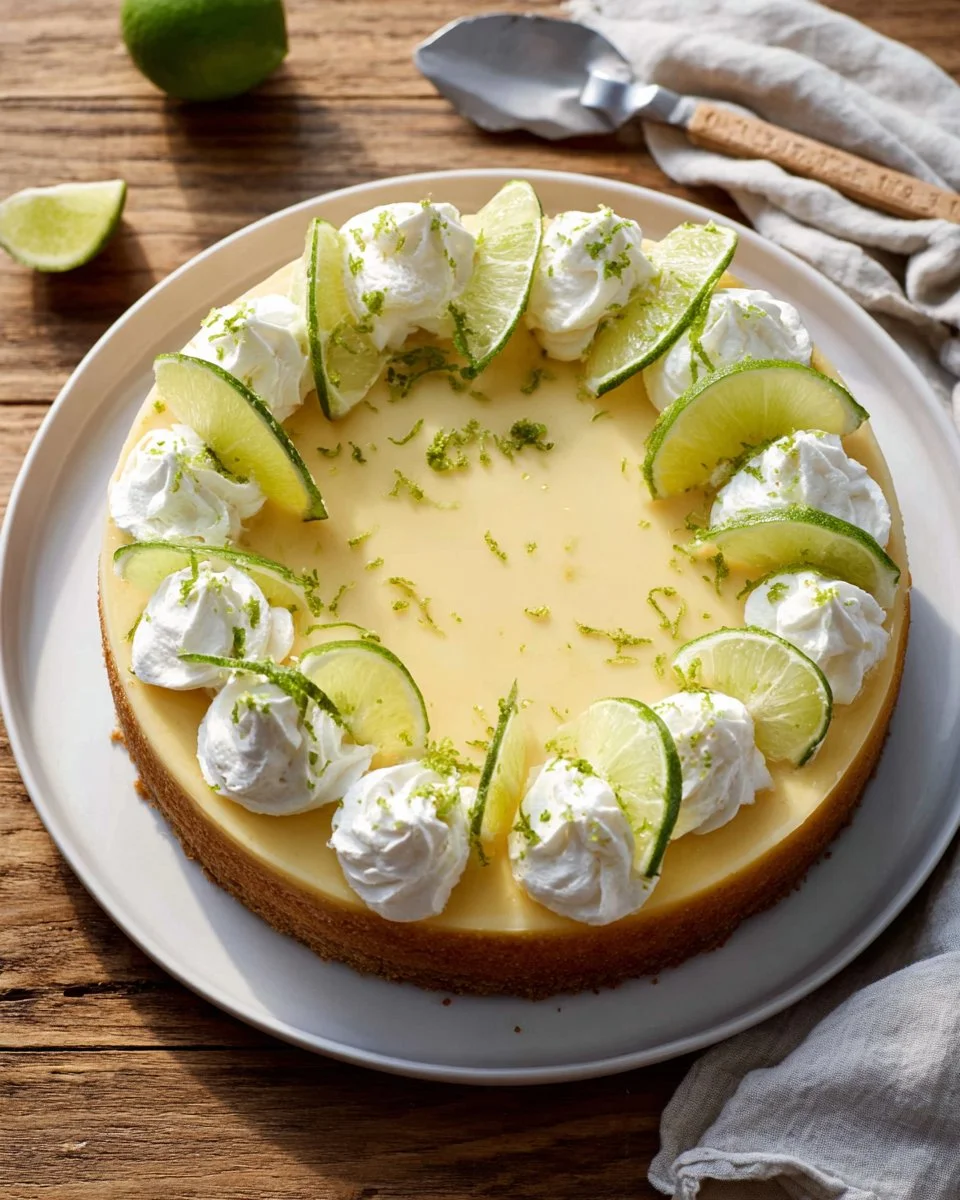 Delicious key lime cheesecake topped with lime slices and whipped cream