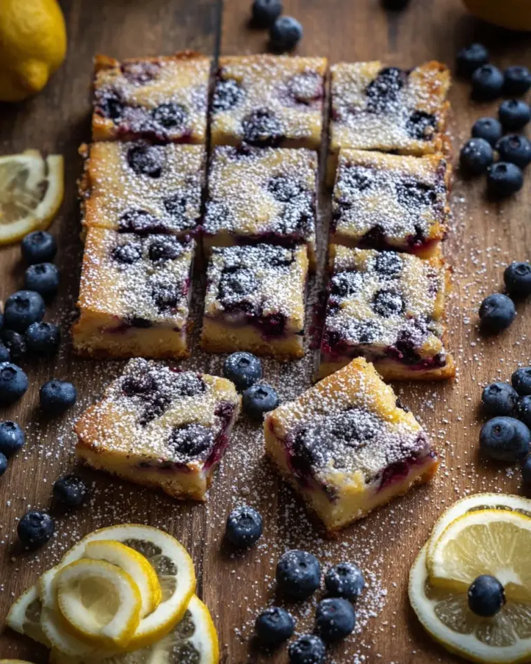 Delicious lemon blueberry bars with a zesty lemon topping and fresh blueberries.
