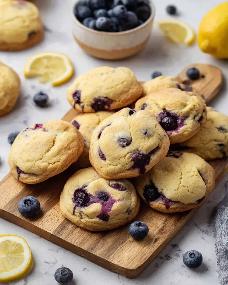 Lemon blueberry cookies with a fresh lemon zest and blueberries on a plate