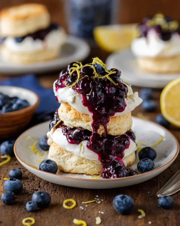Lemon Blueberry Shortcake topped with fresh blueberries and whipped cream