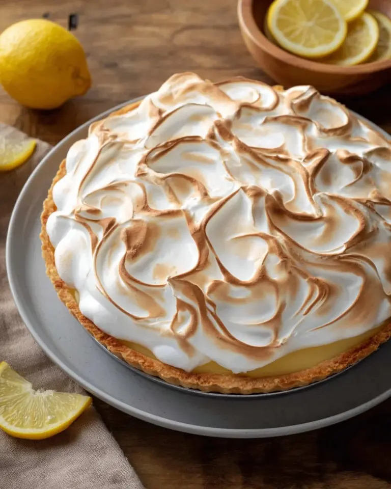 Slice of Lemon Meringue Cheesecake with lemon slices and golden meringue topping