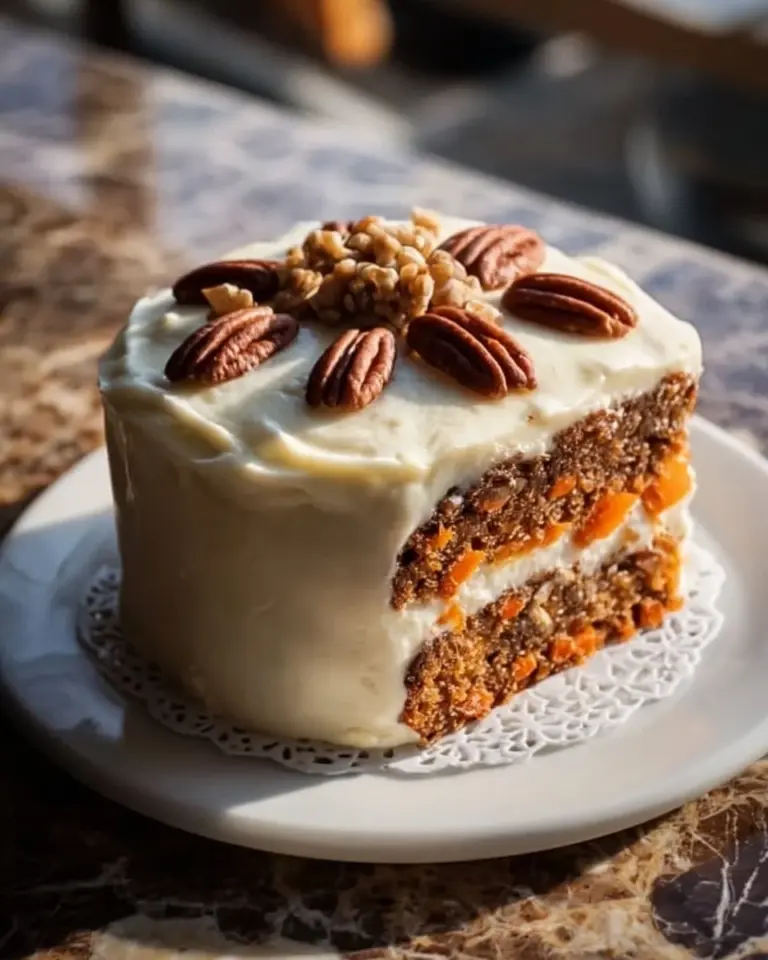 A slice of low carb carrot cake topped with cream cheese frosting on a wooden table.