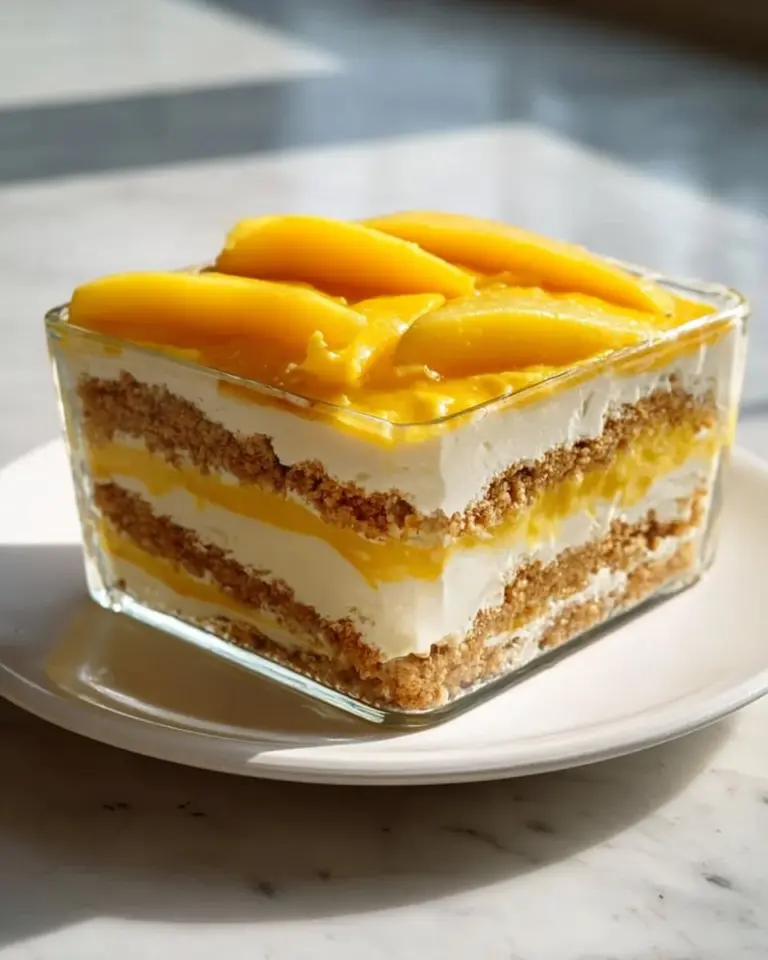 A delicious mango float dessert with layers of fresh mango and cream.