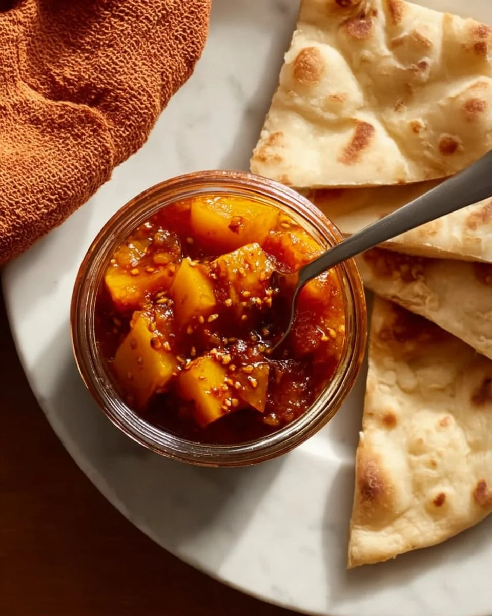 Homemade mango pickle in a jar, ready to add zest to your dishes.
