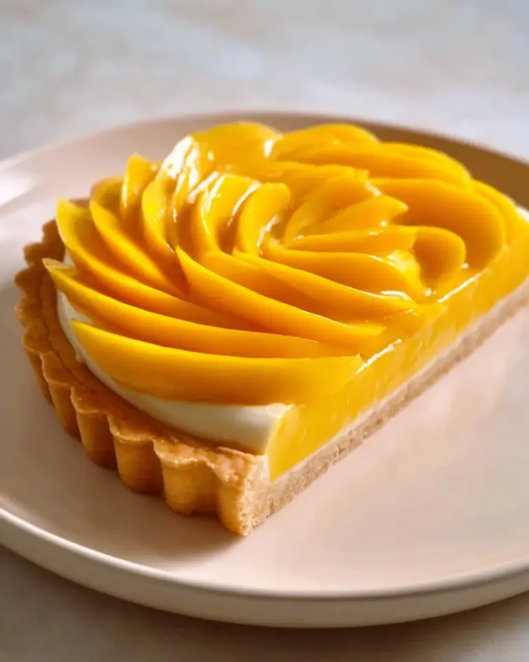 Delicious mango tart with a golden crust and ripe mango slices on top