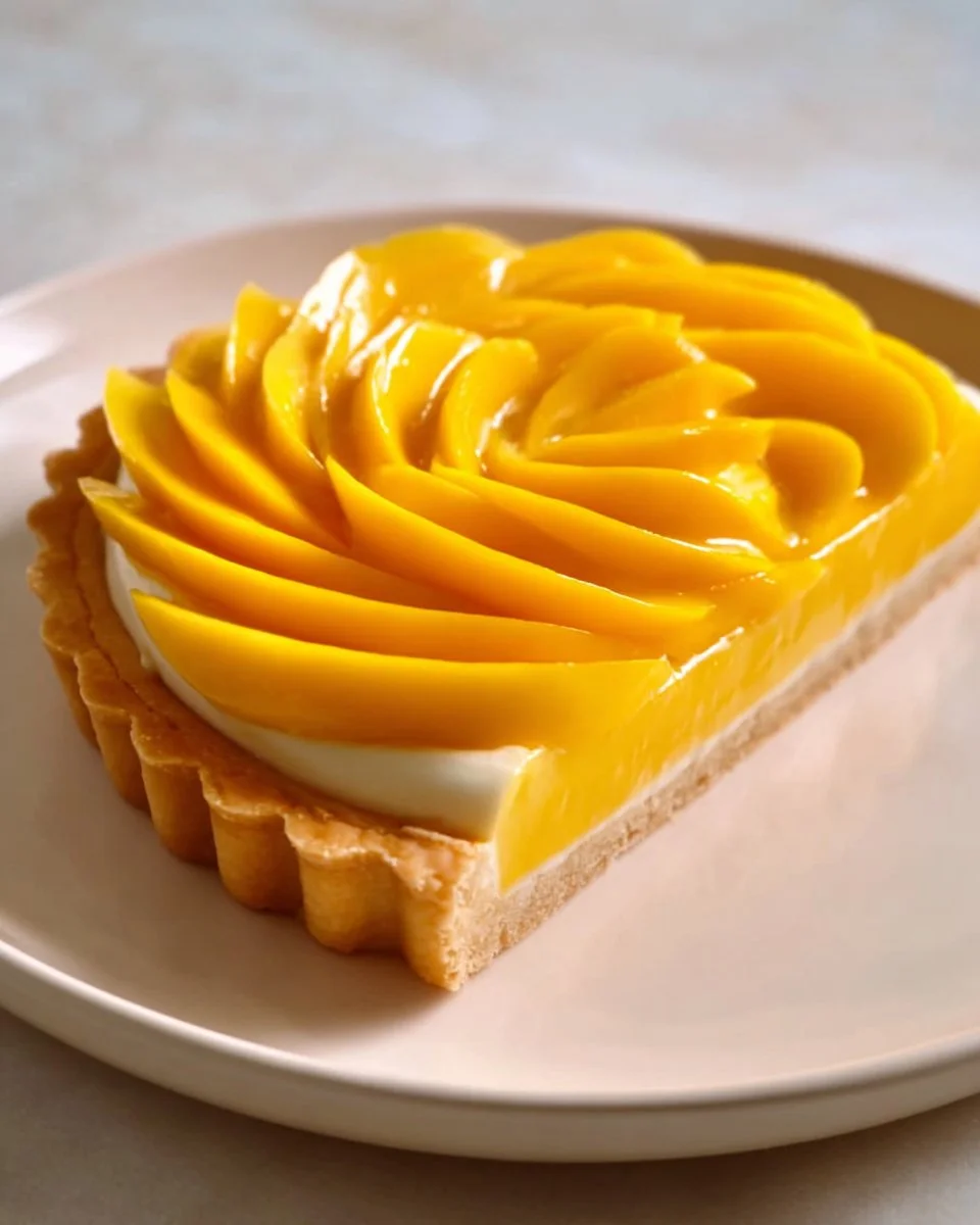 Delicious mango tart with a golden crust and ripe mango slices on top