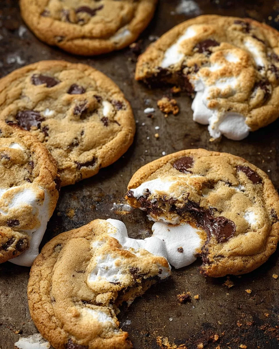 Marshmallow Chocolate Chip Cookies with melted chocolate and fluffy marshmallows