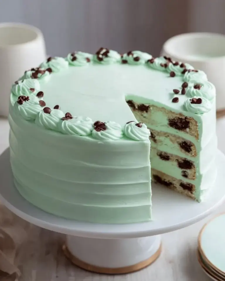 Mint Chocolate Chip Cake with green frosting and chocolate chips