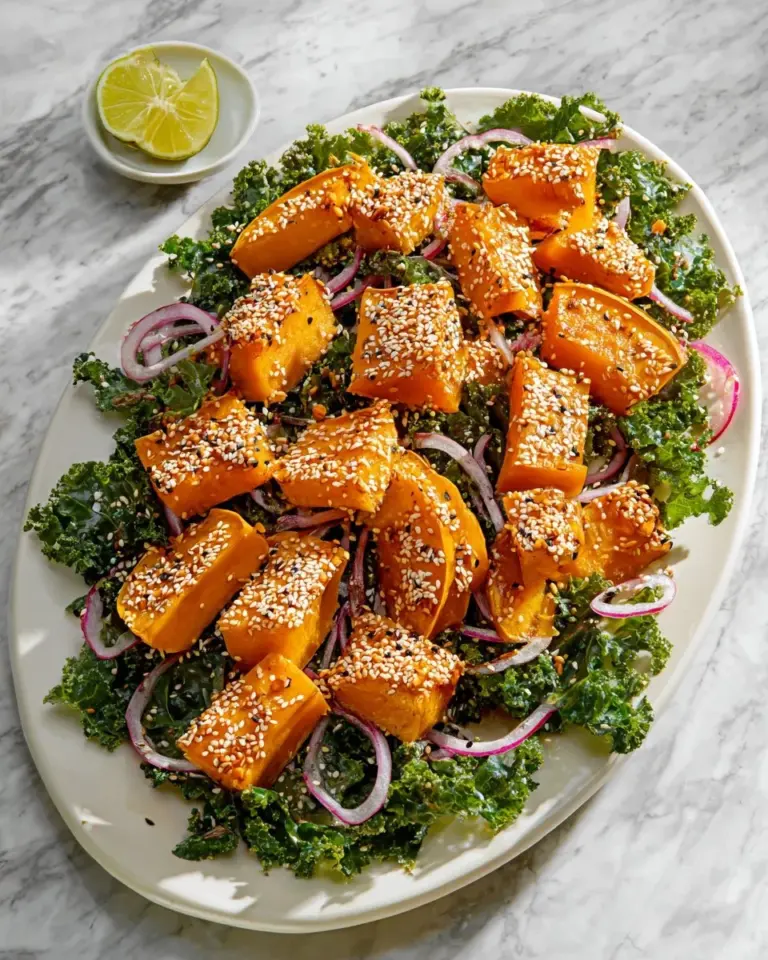 Miso glazed pumpkin kale salad served in a bowl with fresh ingredients