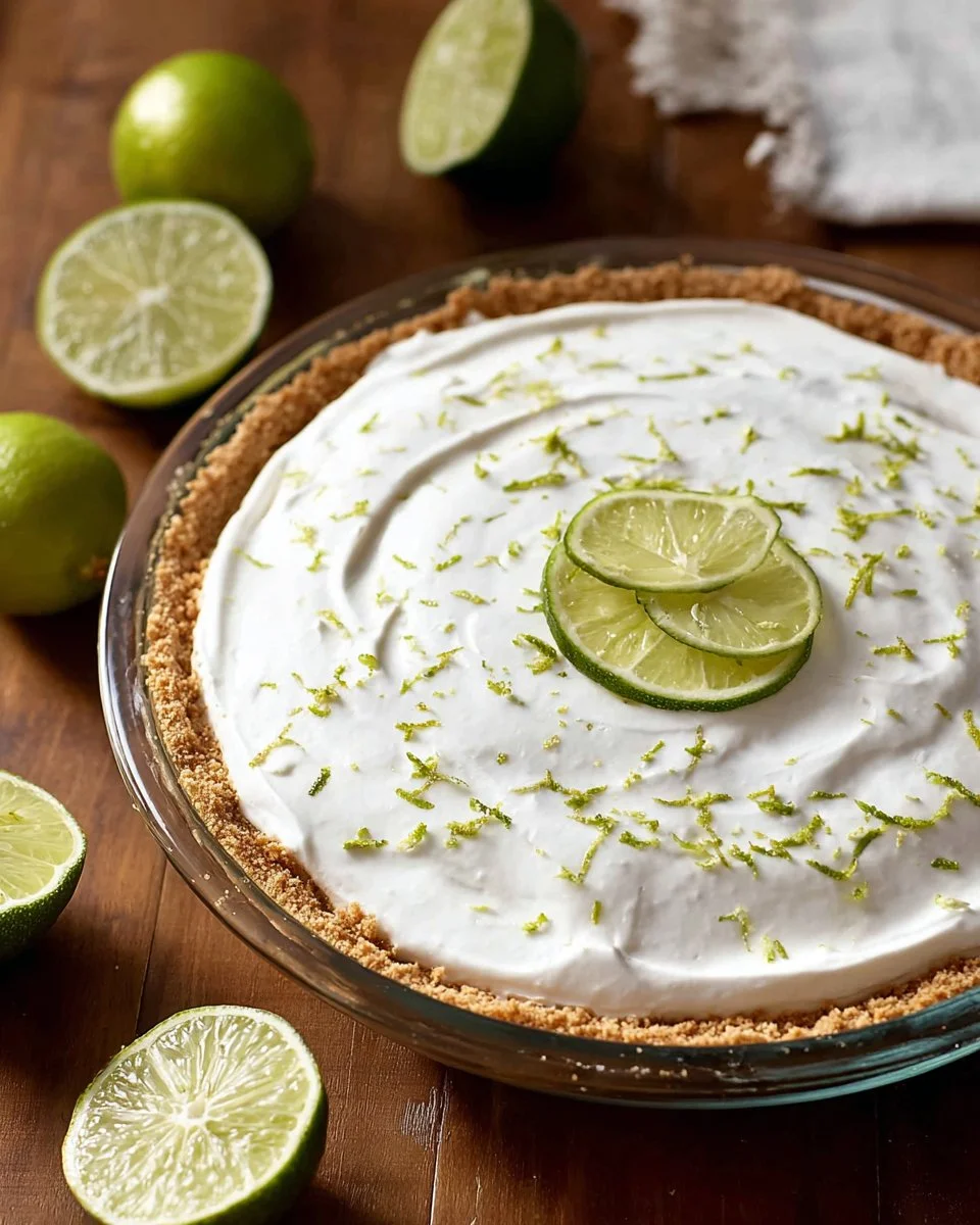 No Bake Key Lime Pie with whipped cream topping and lime slices