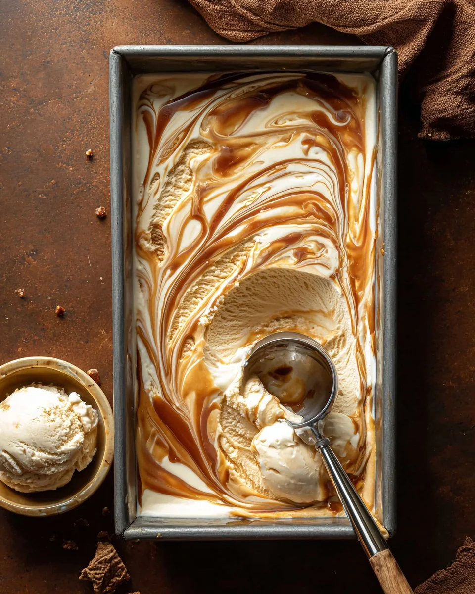No churn salted caramel ice cream in a bowl with a drizzle of caramel sauce.