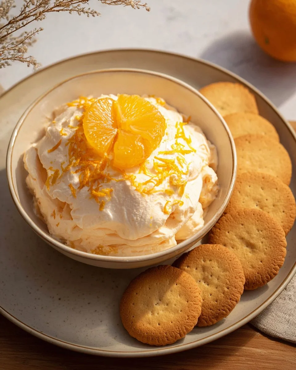 Delicious Orange Creamsicle Dream Dip served with fresh fruit and snacks