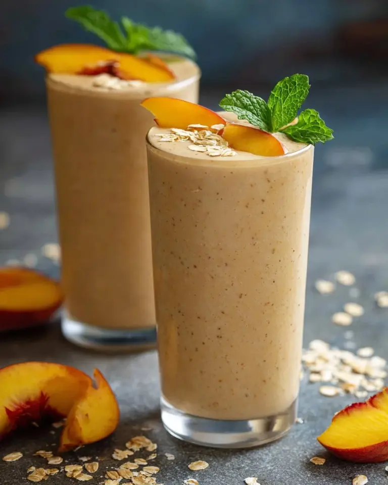 Delicious Peach Cobbler Smoothie topped with fresh peaches and granola