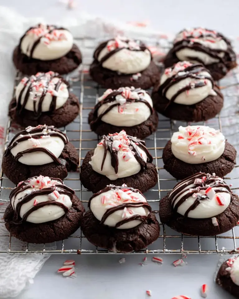 Peppermint hot chocolate cookies topped with crushed candy canes and cocoa powder