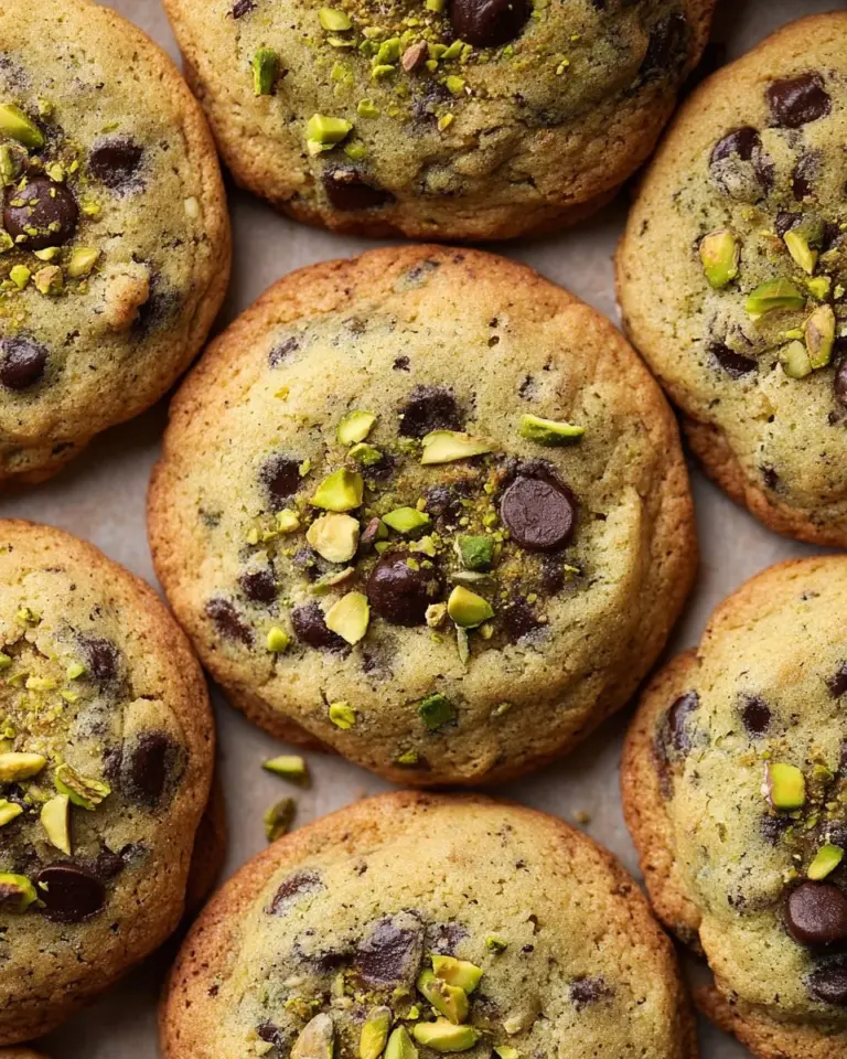 Freshly baked pistachio chocolate chip cookies on a cooling rack