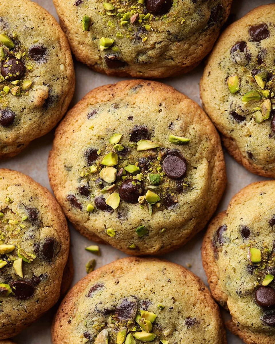 Freshly baked pistachio chocolate chip cookies on a cooling rack