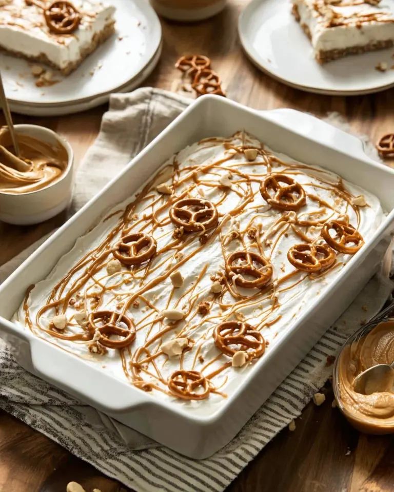 Delicious pretzel crust dessert with sweet toppings and a crunchy finish