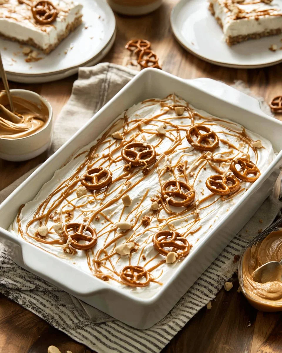 Delicious pretzel crust dessert with sweet toppings and a crunchy finish