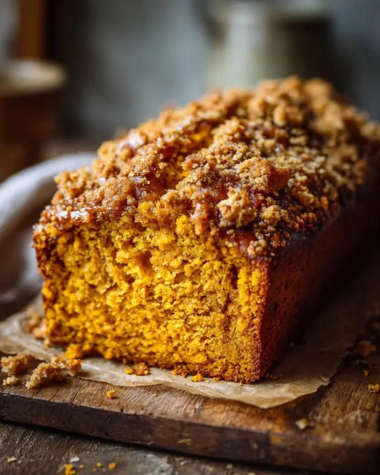 Delicious pumpkin bread with nut crumble topping, freshly baked and sliced.