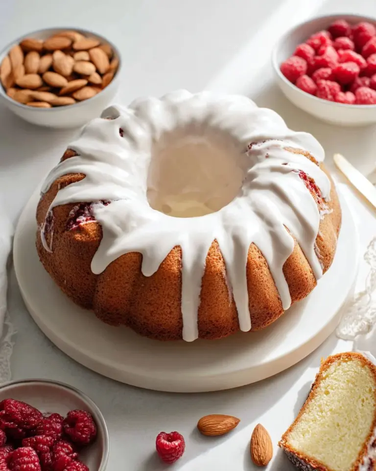 Raspberry Almond Pound Cake with fresh raspberries and almond flakes on top