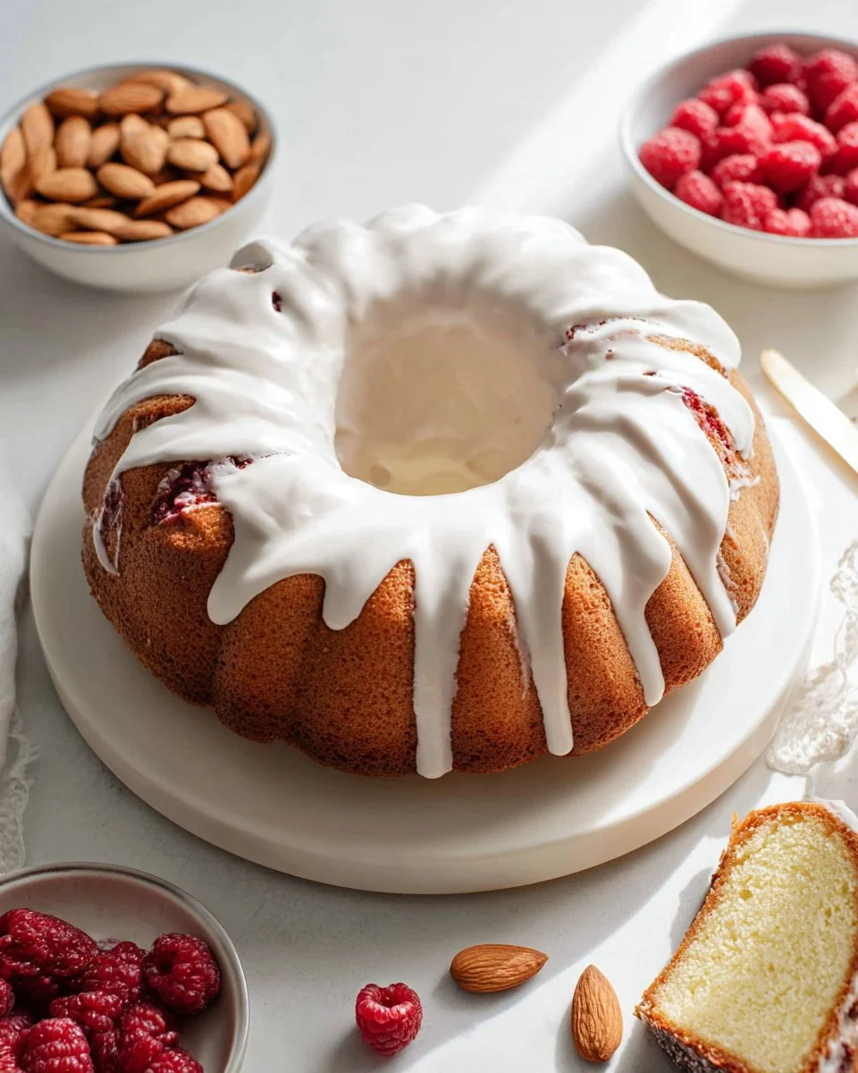 Raspberry Almond Pound Cake with fresh raspberries and almond flakes on top