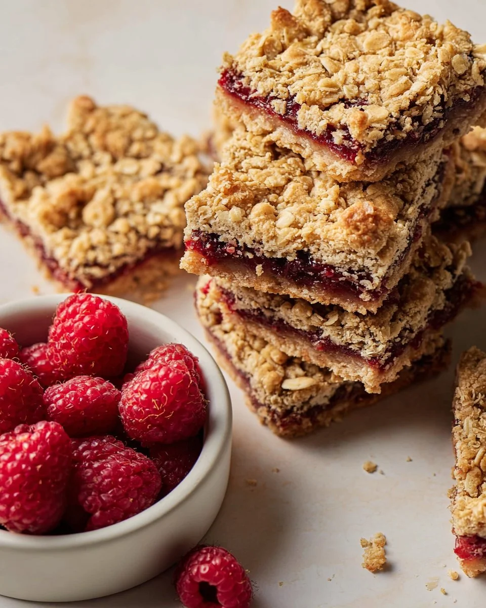 Delicious Raspberry Oatmeal Crumble Bars with fresh raspberries and oatmeal topping