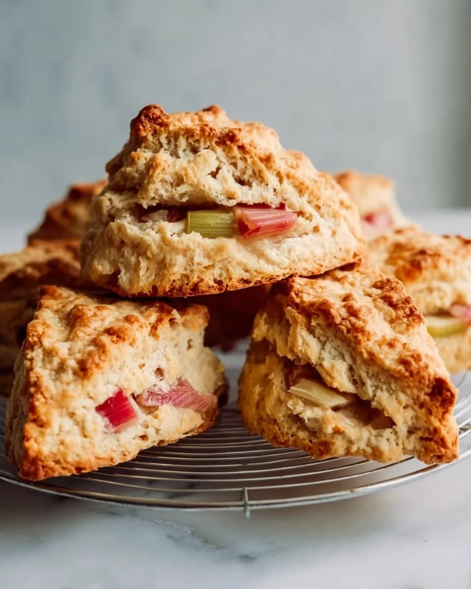Freshly baked rhubarb scones served on a rustic wooden table.
