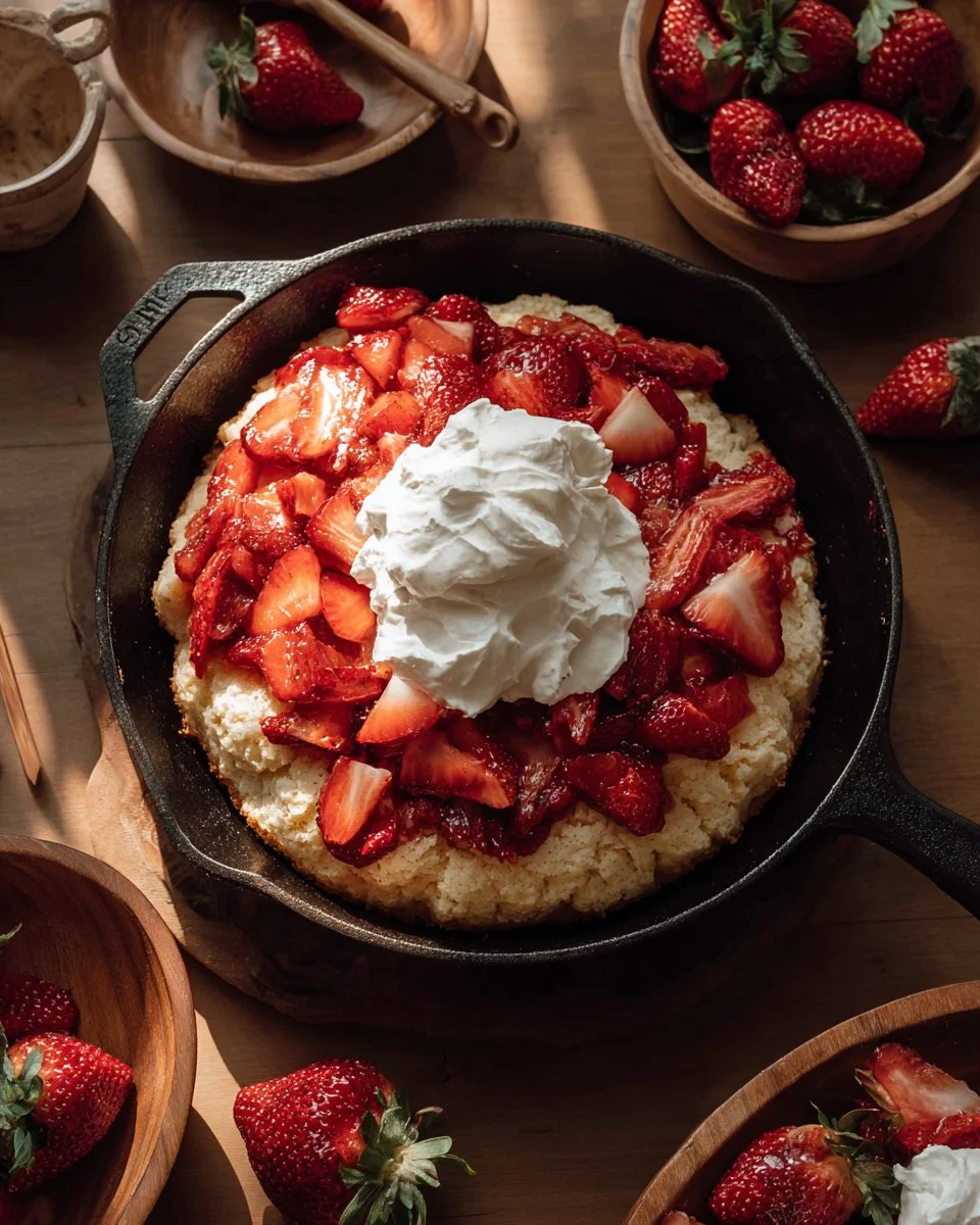 Skillet Strawberry Shortcake with fresh strawberries and whipped cream