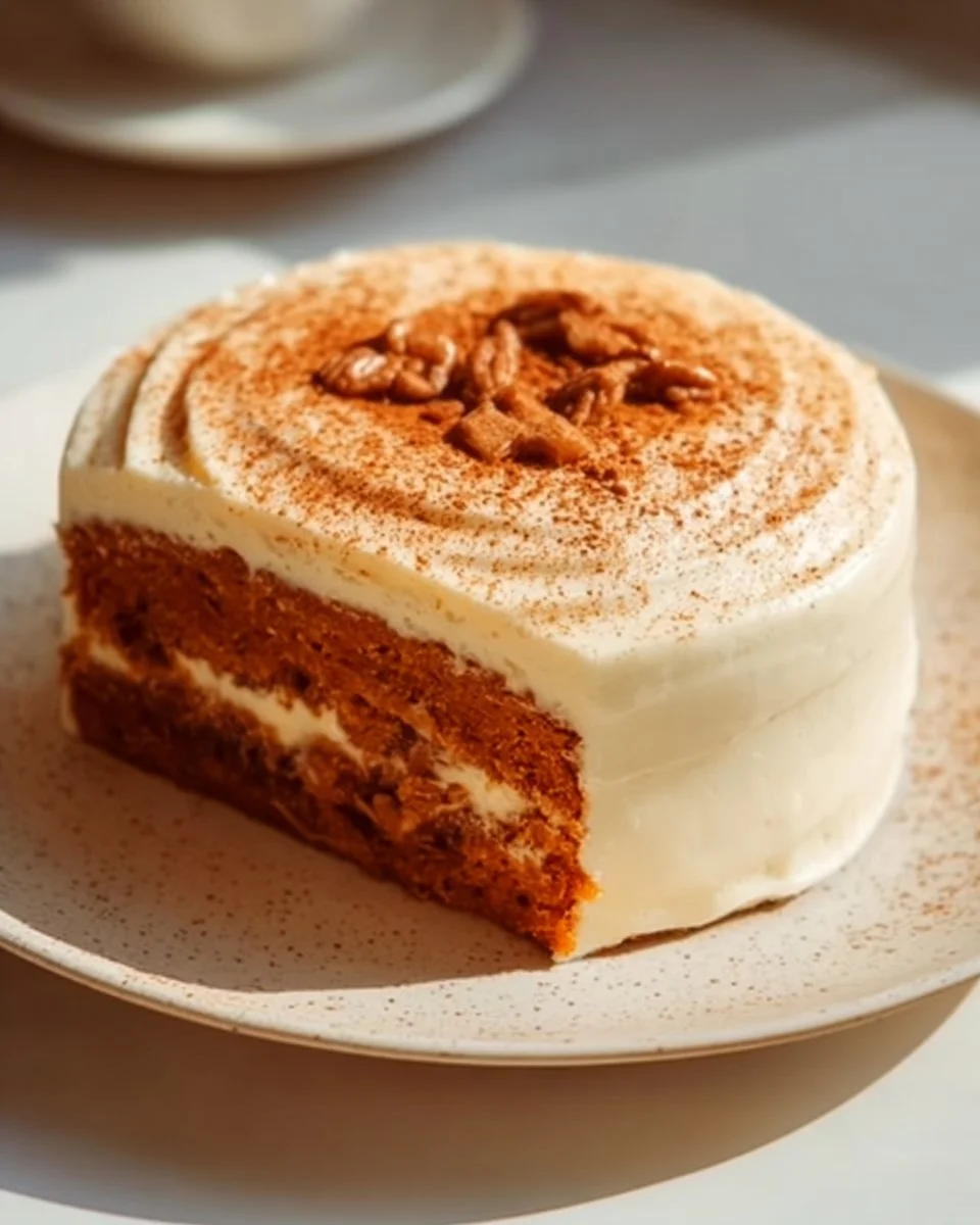 Delicious spiced carrot cake with cream cheese frosting on a wooden table