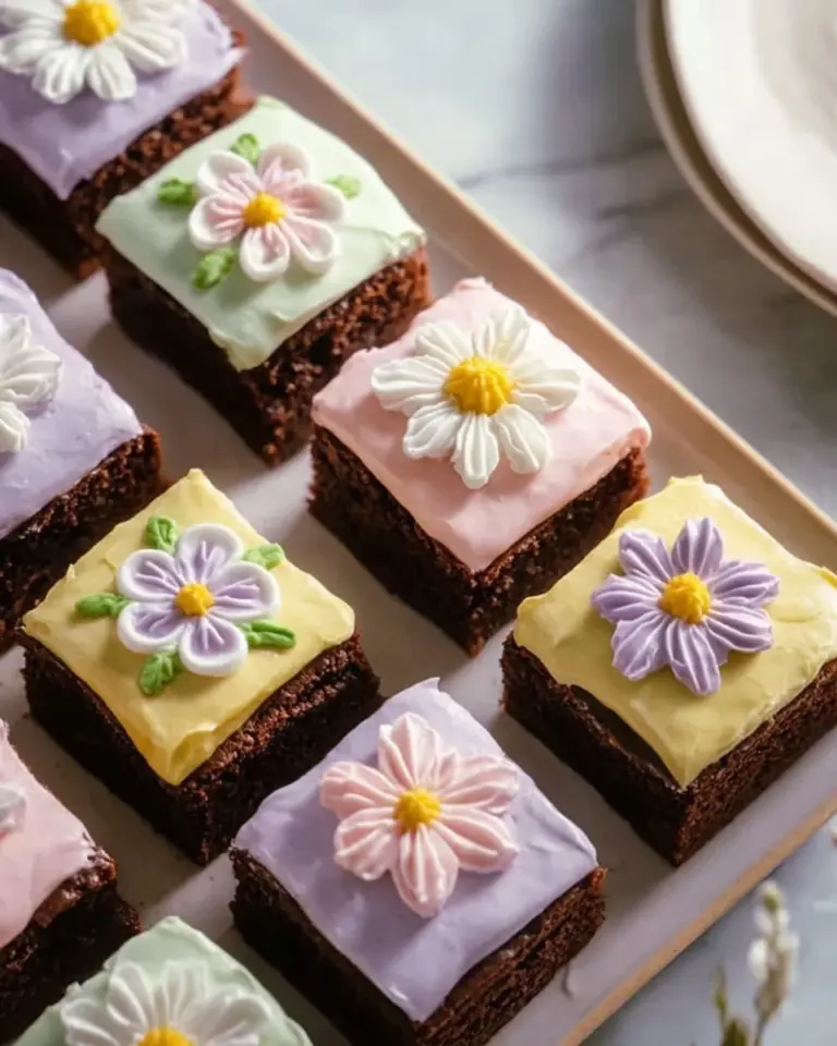 Delicious Spring Brownies topped with colorful spring-themed decorations.