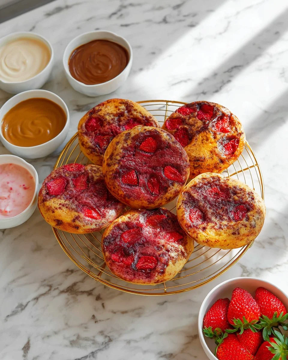 Fluffy strawberry banana pancakes topped with fresh strawberries and bananas