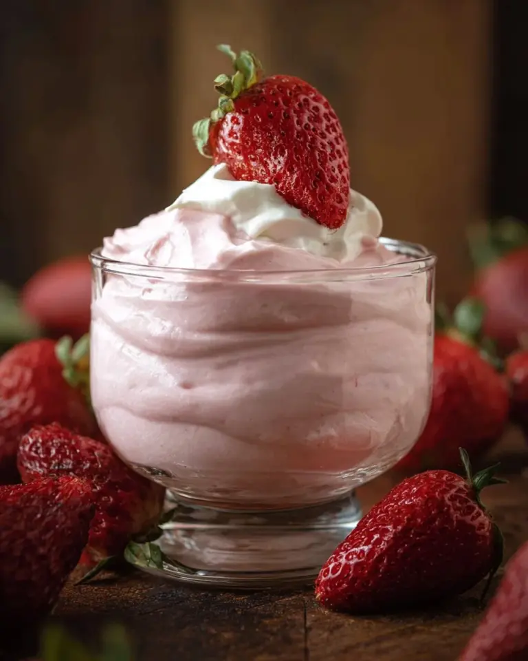 Delicious strawberry cheesecake mousse topped with fresh strawberries.