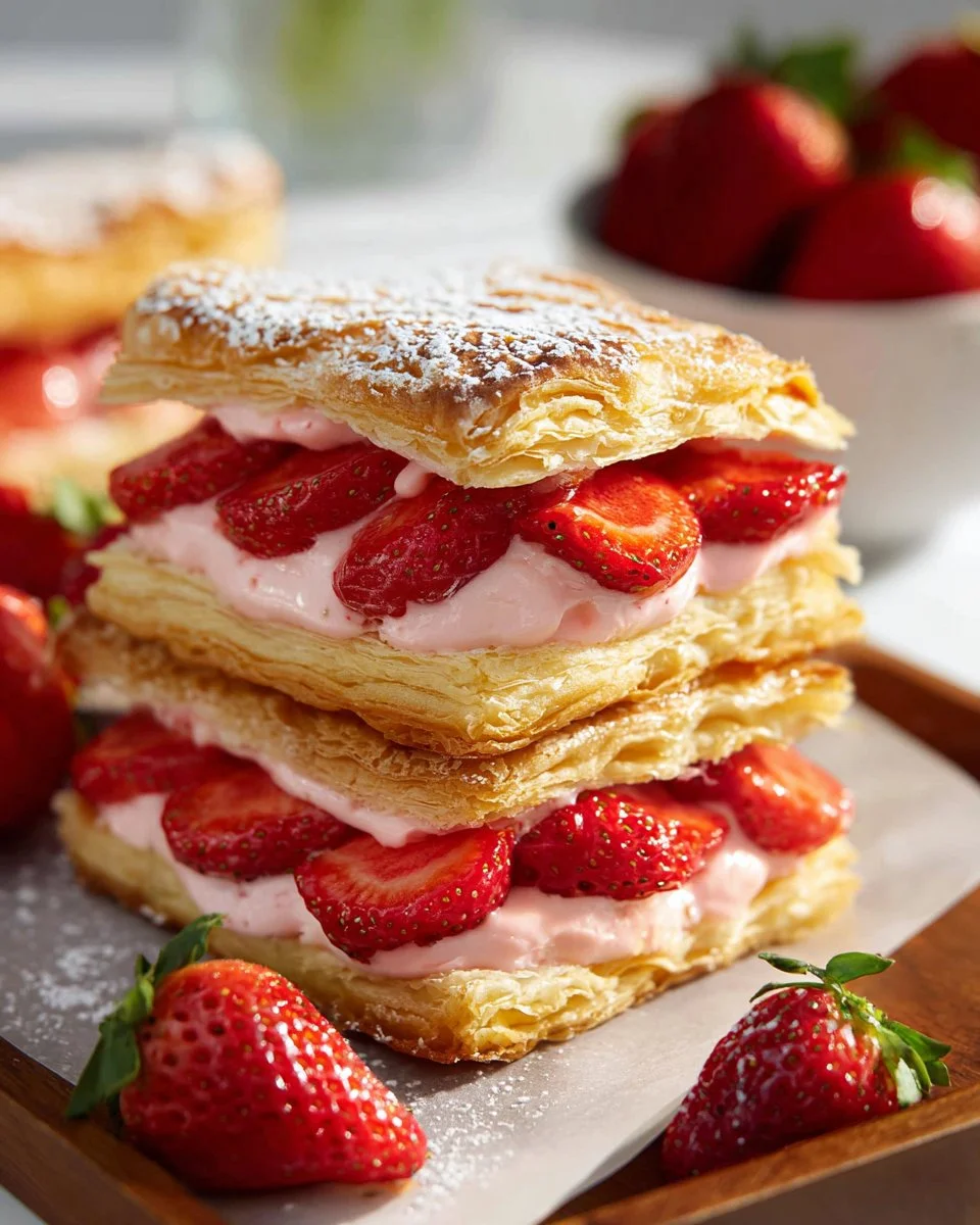 Delicious Strawberry Cheesecake Napoleon dessert with fresh strawberries
