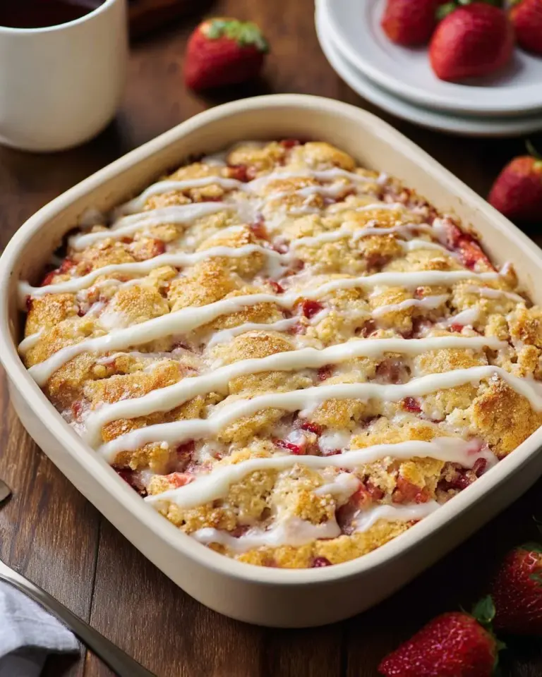 Slice of strawberry crumb cake on a plate with fresh strawberries