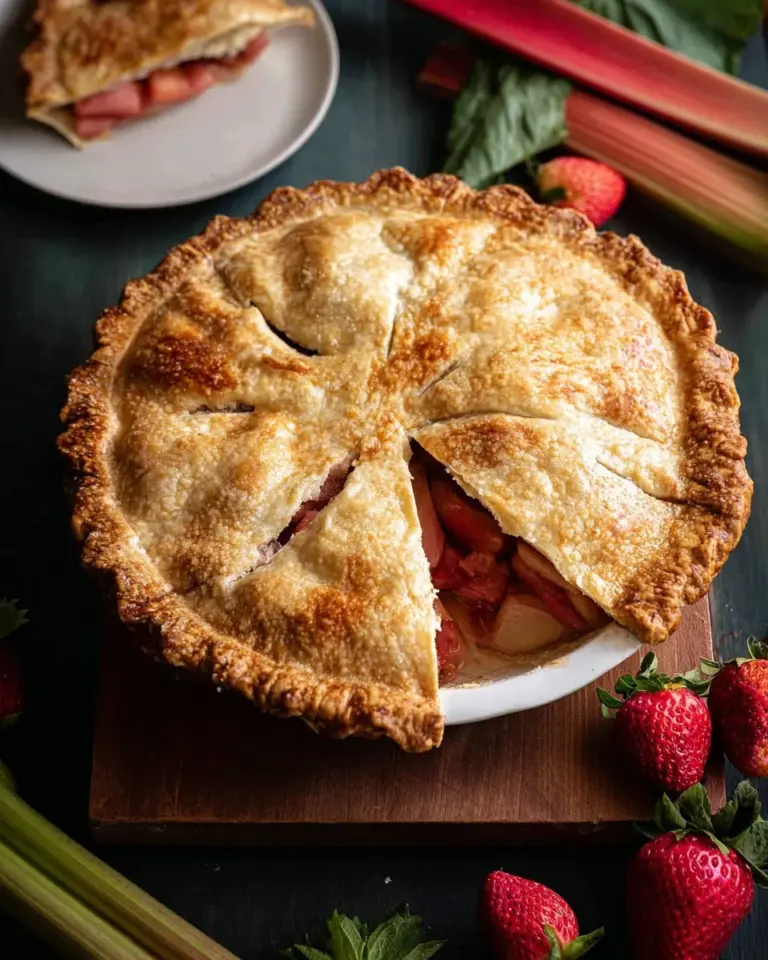 Delicious homemade strawberry rhubarb pie fresh from the oven