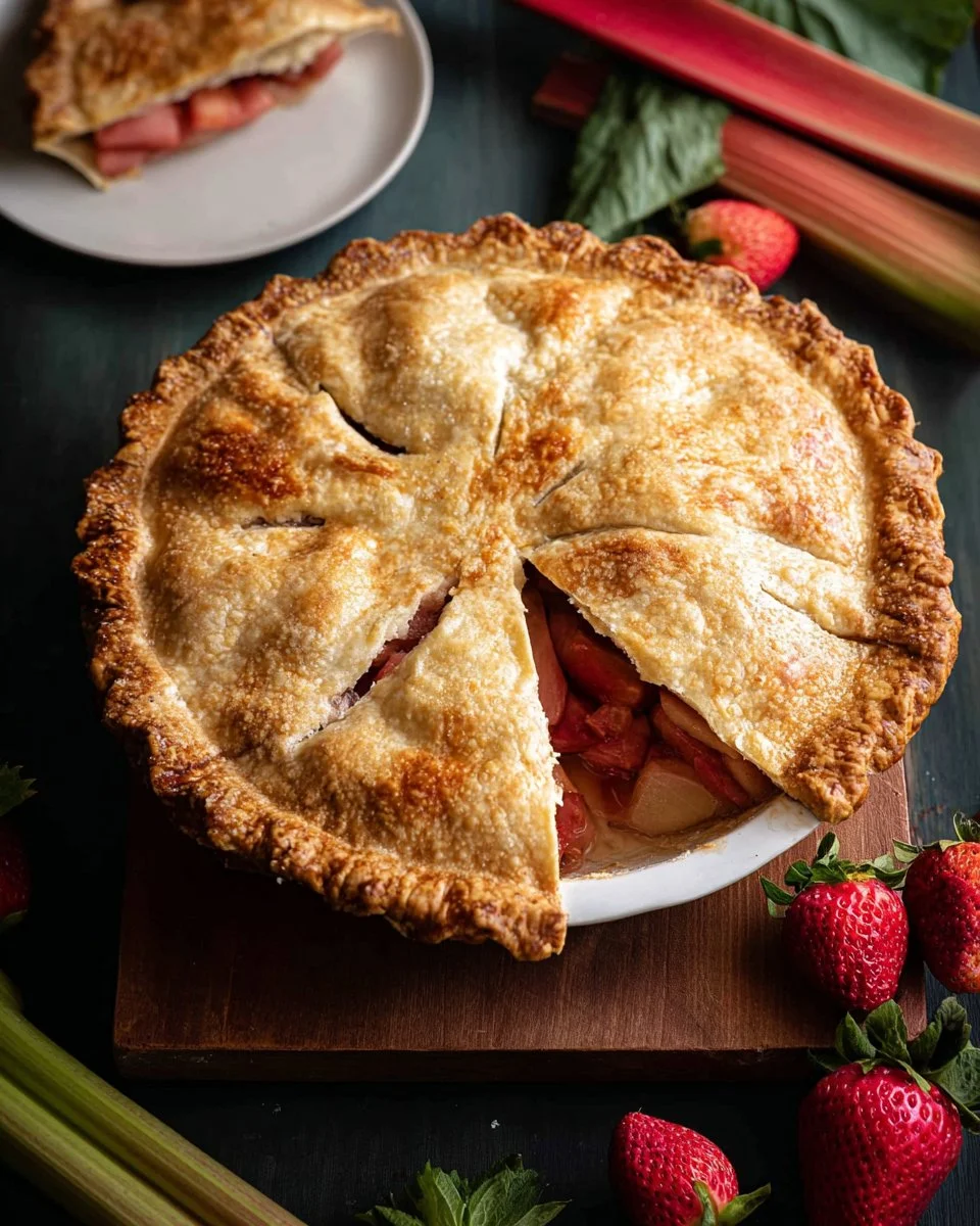 Delicious homemade strawberry rhubarb pie fresh from the oven