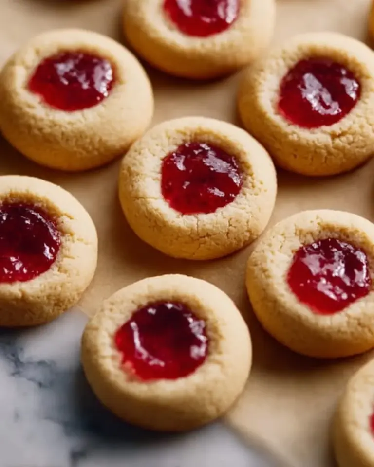 Strawberry Thumbprint Cookies filled with jam on a plate
