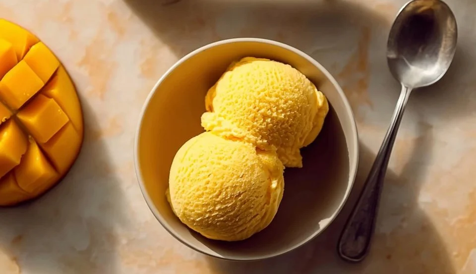 Creamy summer mango ice cream served in a bowl with fresh mango slices
