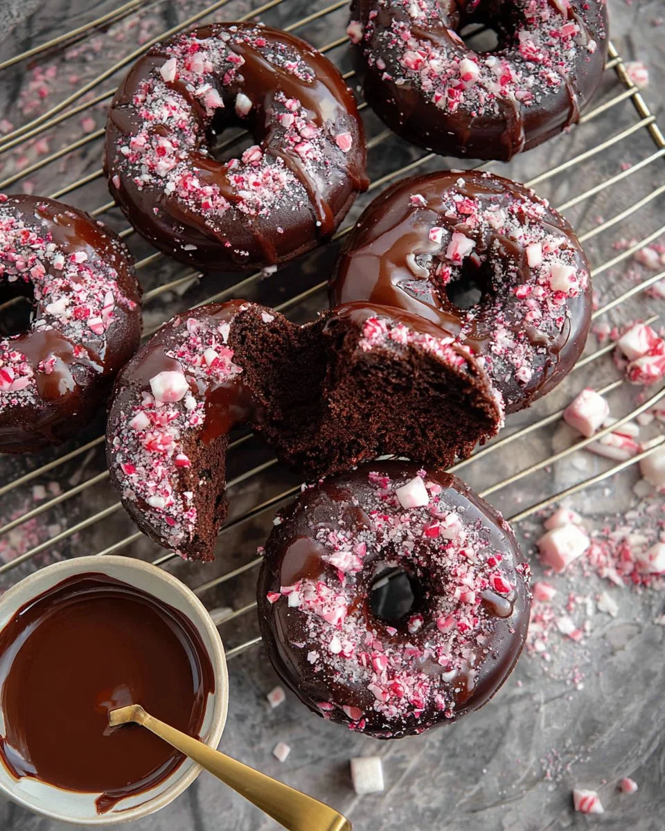 Sweet potato chocolate peppermint donuts displayed on a festive table.