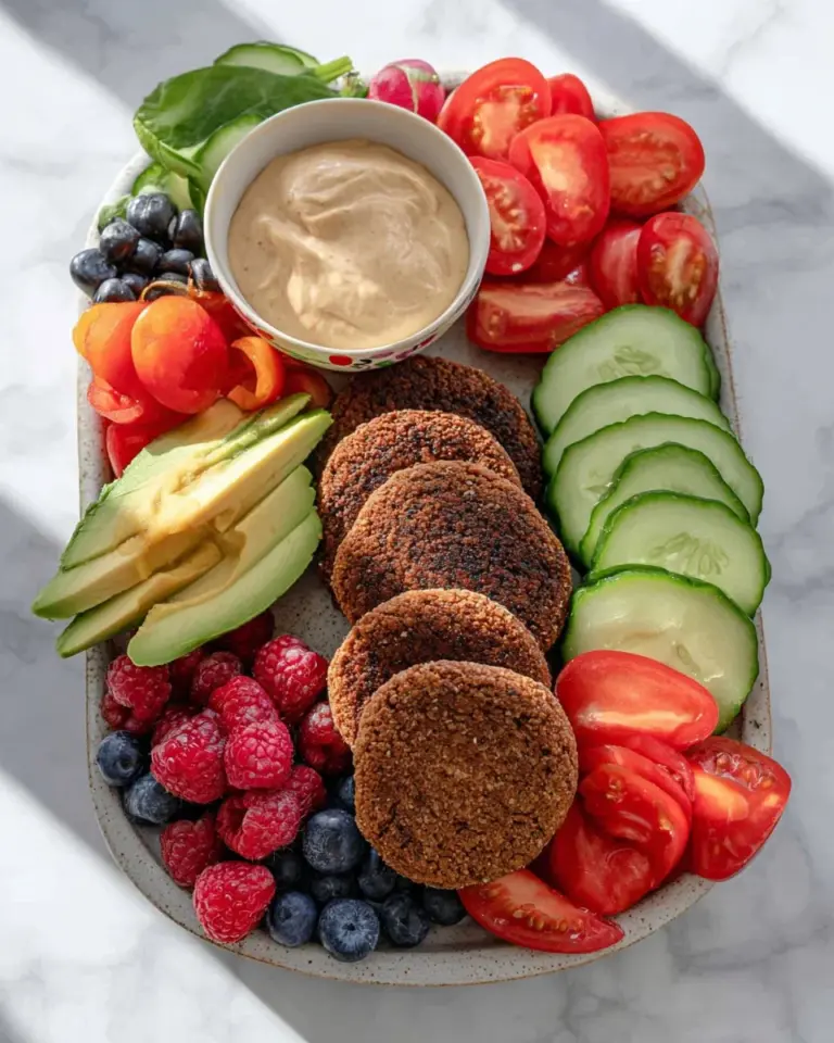 Vegan breakfast sausage patties served on a plate with fresh veggies